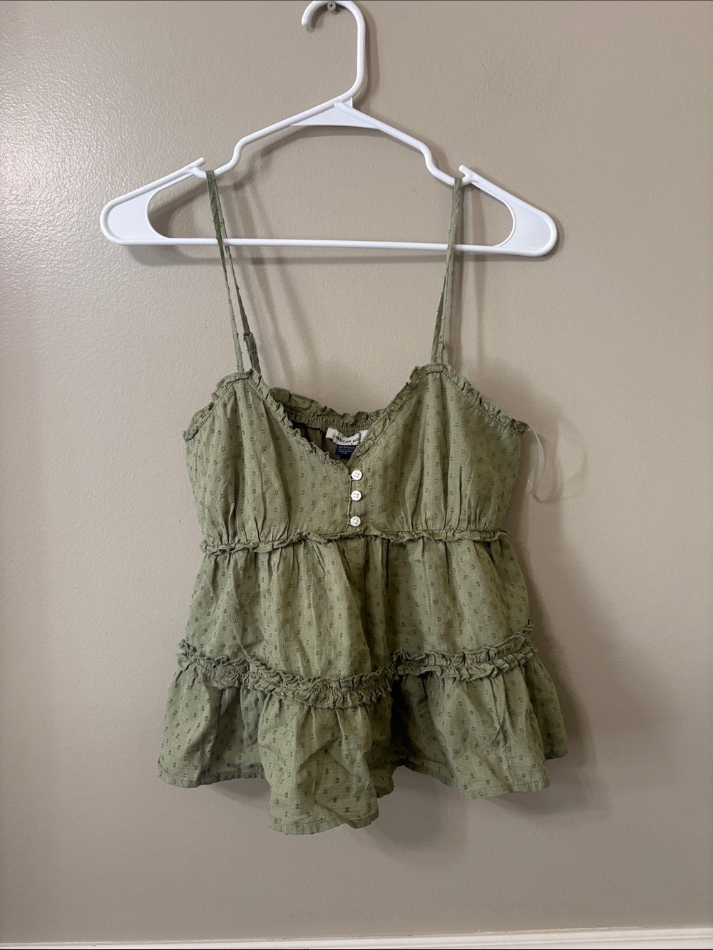 American Eagle Green Ruffle Swiss Dot Babydoll Tank Top